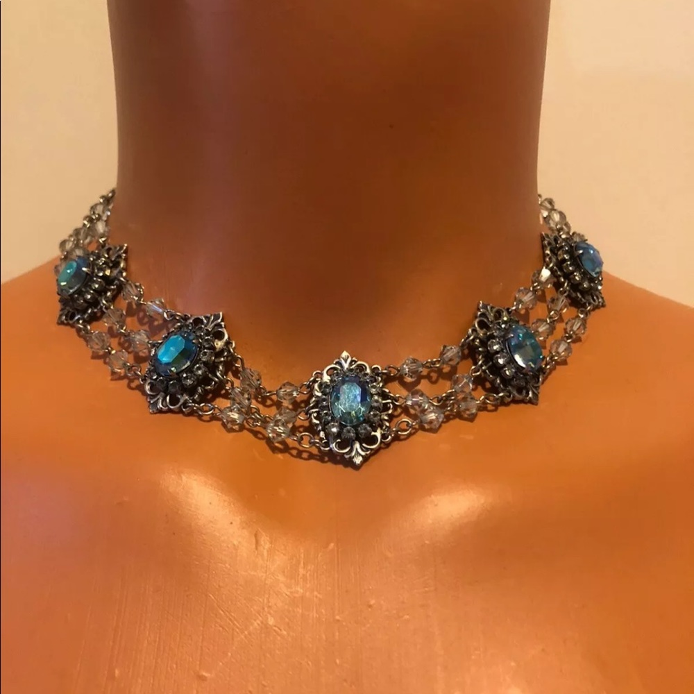 LIZ PALACIOS Choker Necklace Turquoise Aquamarine Gemstone Silver/Pewter $150
